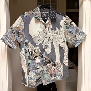 Rebels Vengeance Gray and Blue Graphic Casual Button Down Shirt